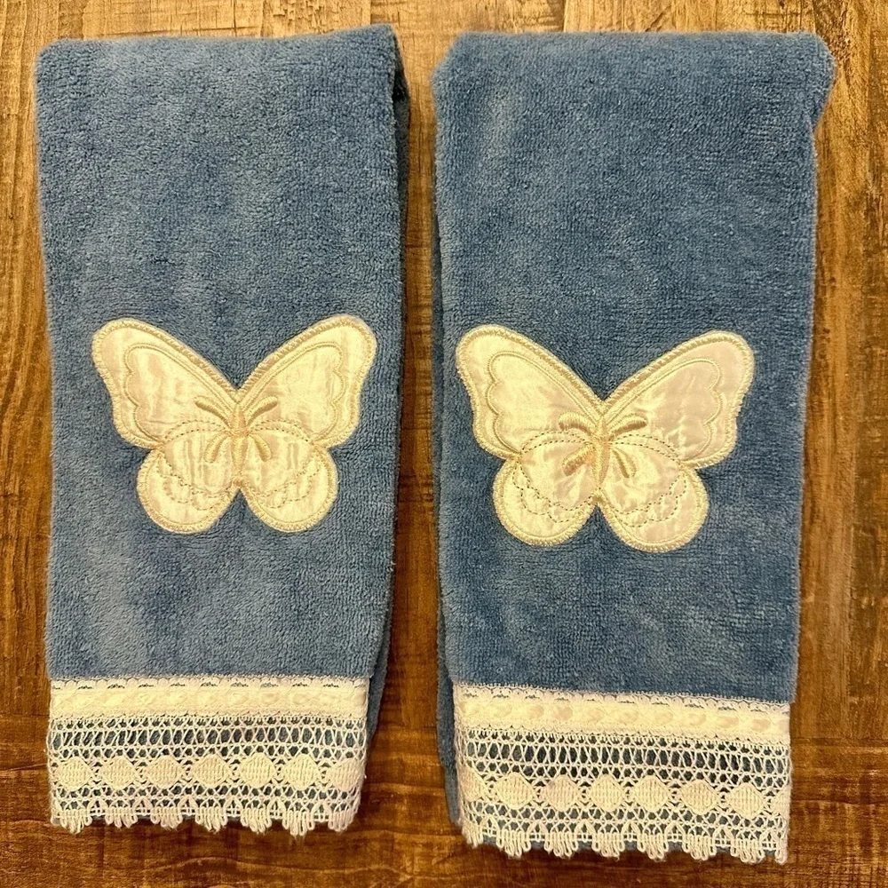 Vintage Saturday Knight Ltd. 2 Blue Hand Towels with Embroidered Satin Butterfly